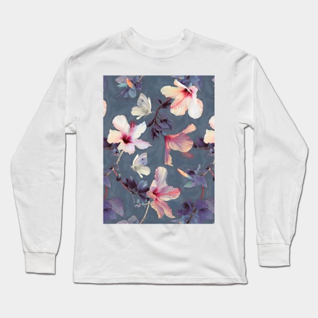 Butterflies and Hibiscus Flowers - a painted pattern Long Sleeve T-Shirt by micklyn